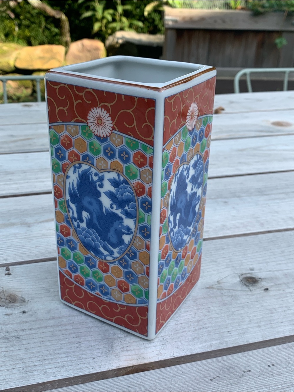 Vintage Japanese Kosan-Gama Square Vase - Imari Mino Ware Foo Dog Medallion, CMC